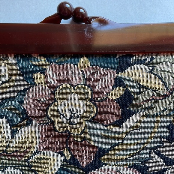 VTG Cottagecore Clutch Woven Jacquard Tapestry Purse Floral Mauve Bag Kiss 90s - Picture 8 of 14